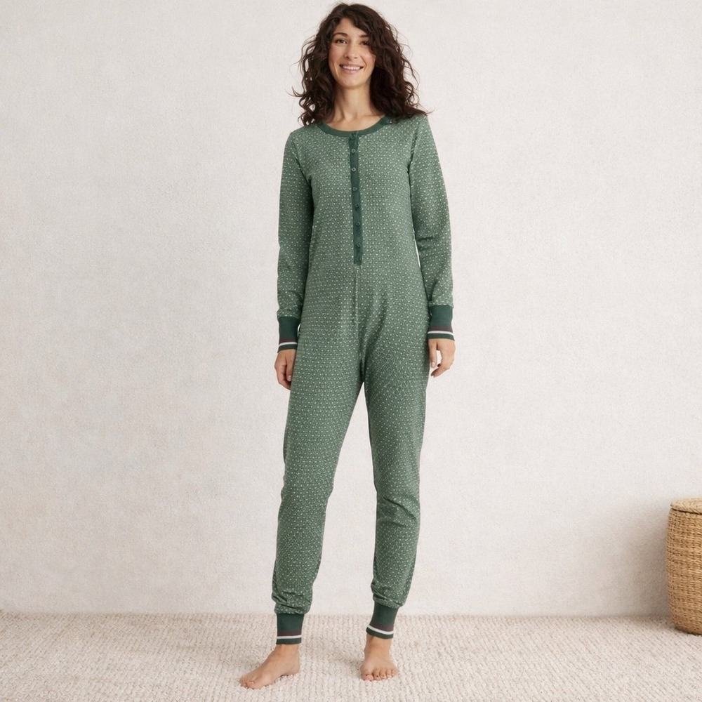 Hearth & Hand Magnolia Green Print Pajama Set Onesie Jumpsuit Long Sleeve XL